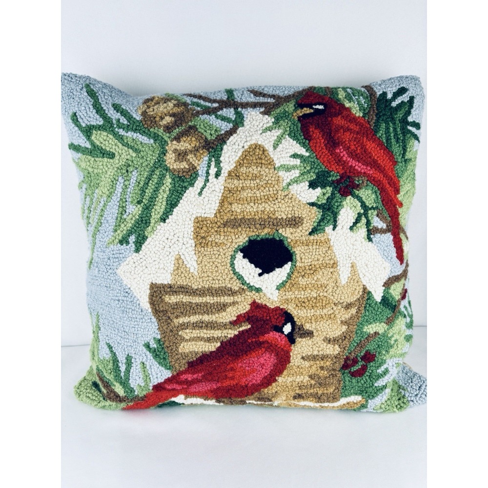 Winter Cardinal Bird House Hooked Wool Throw Pillow Cushion Holiday Christmas